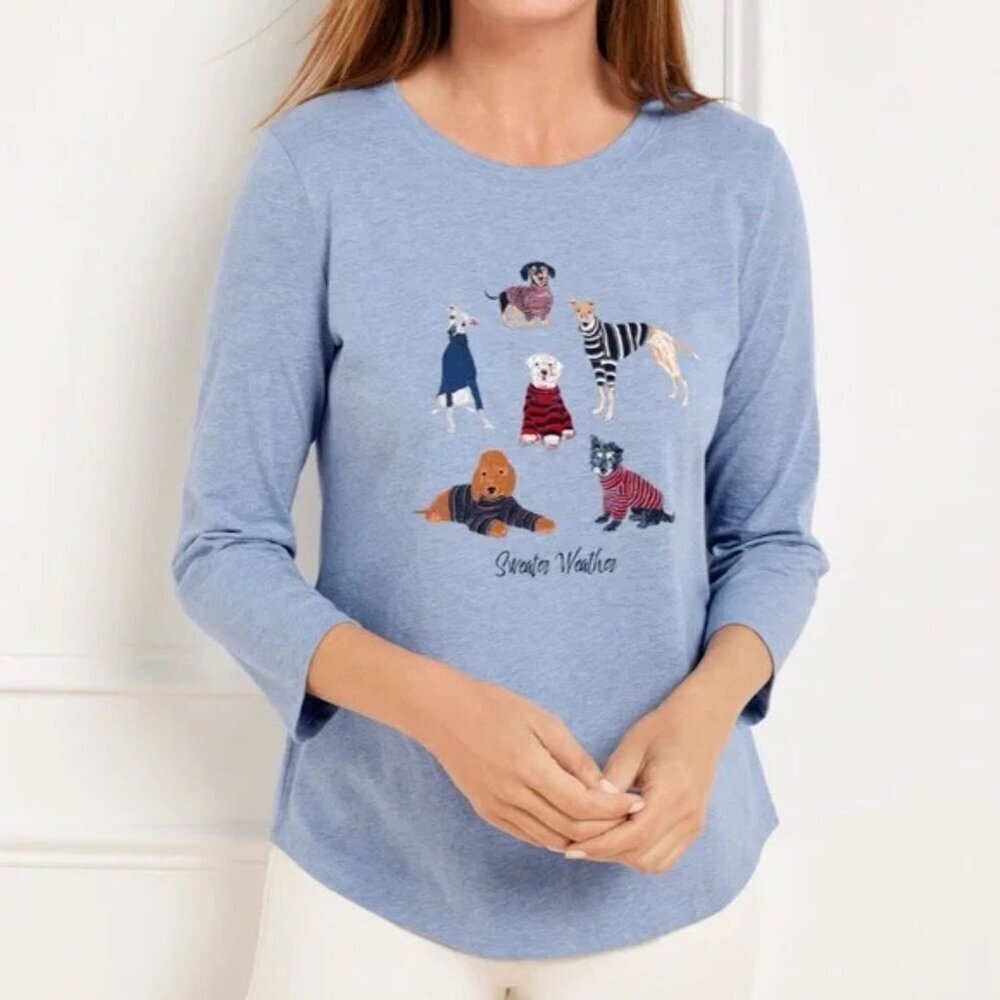 Talbots Blue Weather Dog Three Quarter Sleeve Tee Shirt Size Small 41773